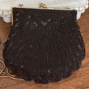 Vintage handmade black scalloped beaded shell bag with optional crossbody strap